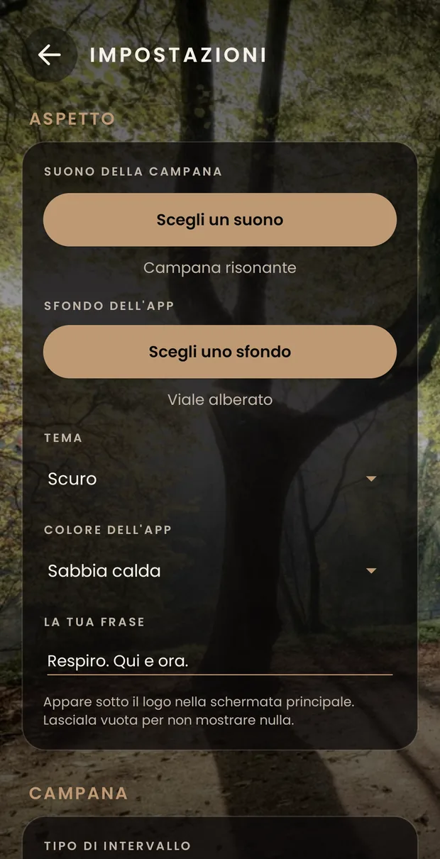 L’inizio delle impostazioni: il gruppo Aspetto, con il pulsante per scegliere il suono della campana, quello dello sfondo, il tema scuro, il colore e la tua frase.