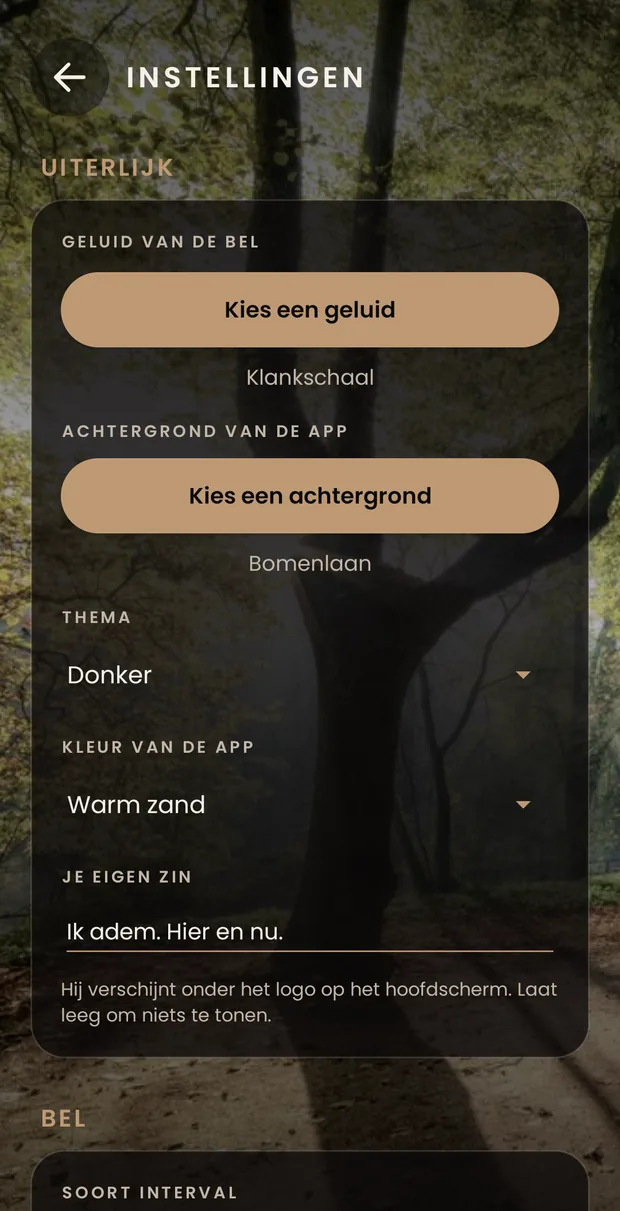Het begin van de instellingen: de groep Uiterlijk, met de knop om het geluid van de bel te kiezen, die voor de achtergrond, het donkere thema, de kleur en je zin.