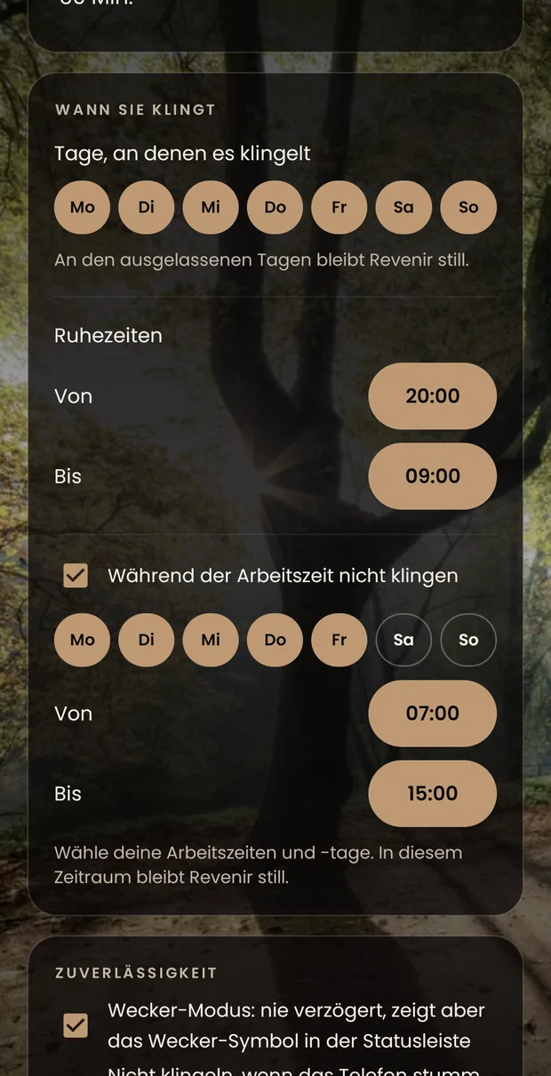 Die Gruppe Glocke der Einstellungen: der Abstand und darunter die Karte „Wann sie klingt“ mit den Wochentagen, den Ruhezeiten und dem eingeschalteten Arbeitstag.