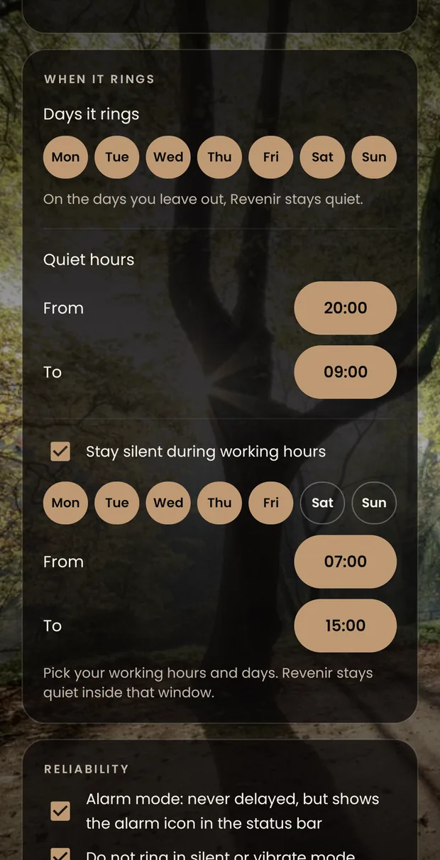 The Bell group of the settings: the interval, and below it the “When it rings” card with the days of the week, the quiet hours and the working day switched on.