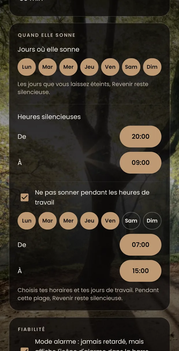 Le groupe Cloche des réglages : l’intervalle, et en dessous la carte « Quand elle sonne » avec les jours de la semaine, les heures silencieuses et les heures de travail activées.