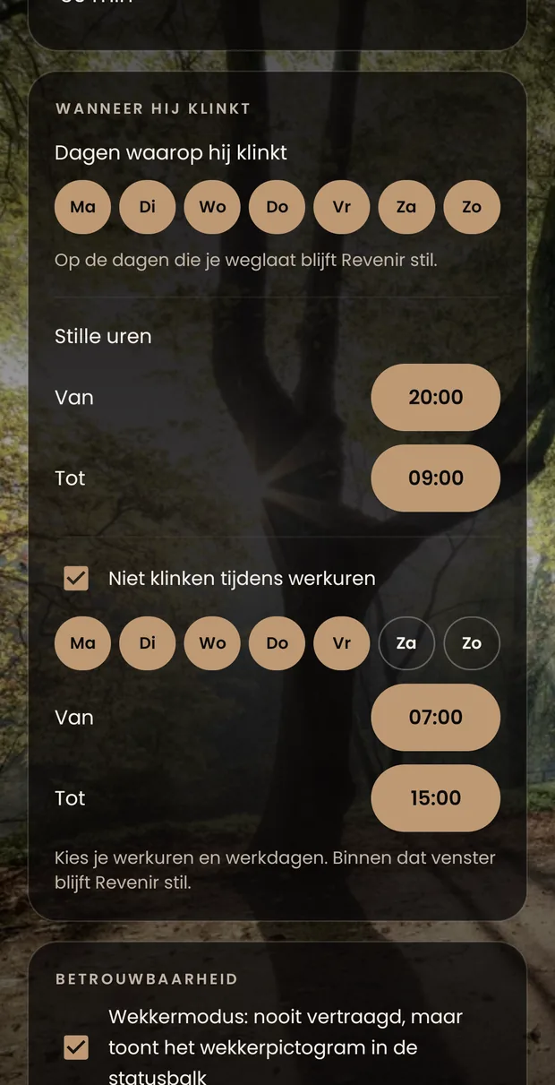 De groep Bel van de instellingen: het interval en daaronder de kaart ‘Wanneer hij klinkt’ met de dagen van de week, de stille uren en de ingeschakelde werkdag.