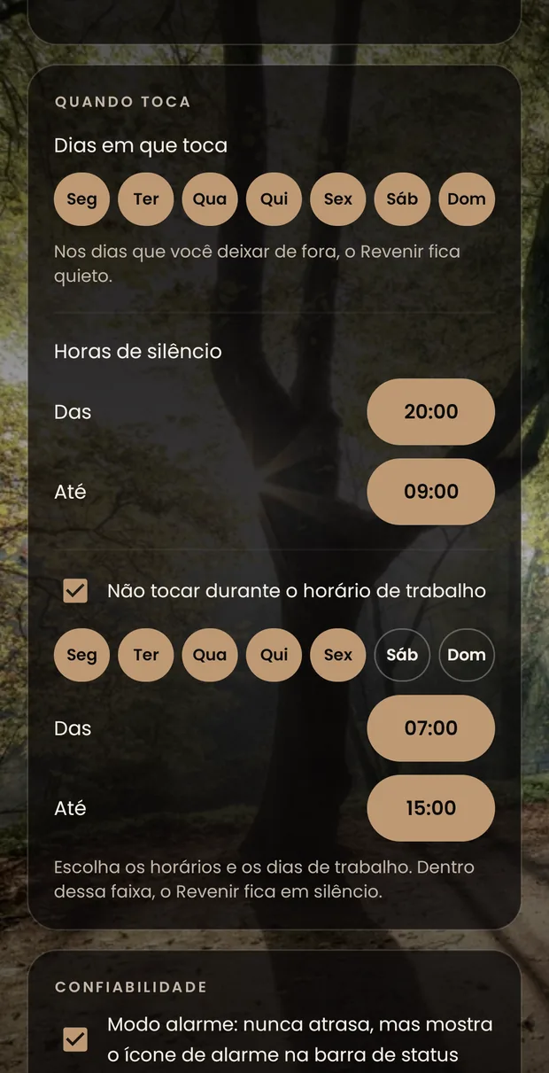 O grupo Sino dos ajustes: o intervalo e, abaixo, o cartão “Quando toca” com os dias da semana, as horas silenciosas e a jornada de trabalho ligada.