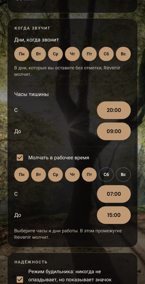 Группа «Сигнал» в настройках: интервал, а ниже карточка «Когда звучит» с днями недели, тихими часами и включённым рабочим днём.