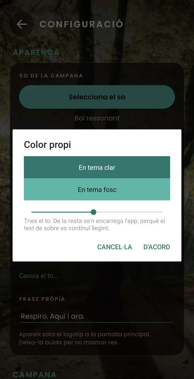 El selector de color propi obert damunt dels ajustos: dues mostres que ensenyen com queda el to triat en tema clar i en tema fosc, i a sota una barra per lliscar entre tons.