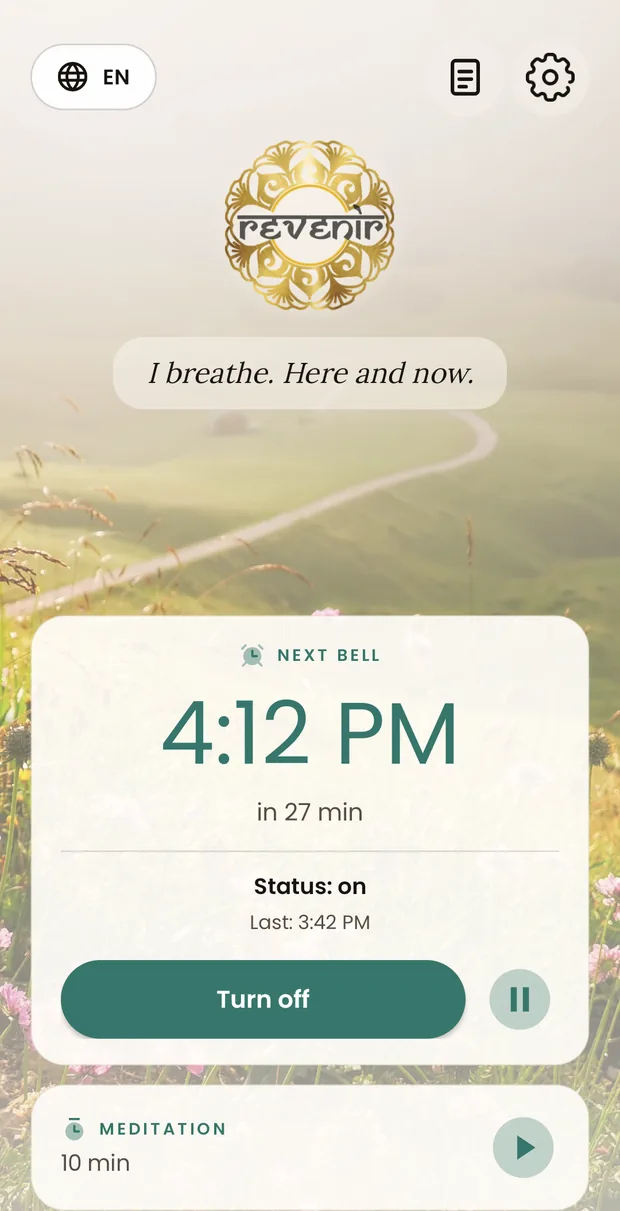The same screen with the same hue, this time in the light theme: the card lightens, the time turns dark green and the button is filled in, with the background photo showing at the sides.