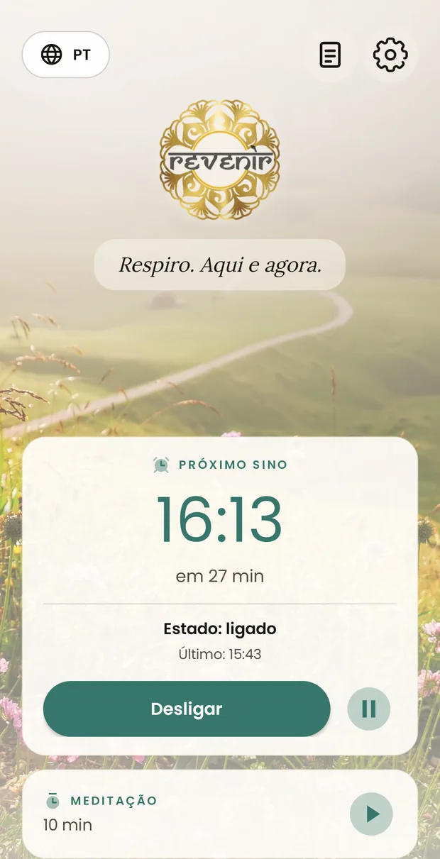A mesma tela com o mesmo tom, desta vez no tema claro: o cartão clareia, a hora fica verde-escura e o botão preenchido, com a foto de fundo aparecendo pelos lados.