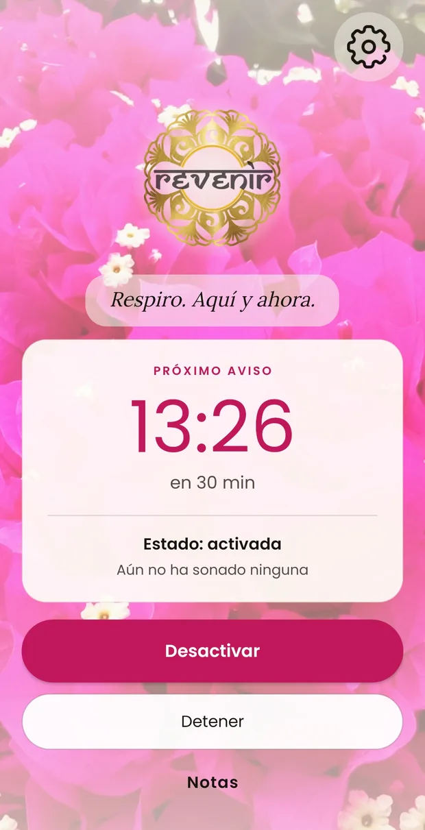 La misma pantalla con el mismo tono rosa, esta vez en tema claro: tarjeta blanca, hora en rosa oscuro y botón relleno.
