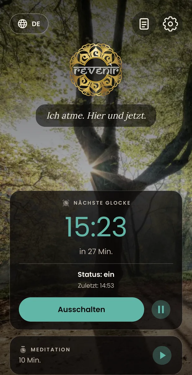 Der Hauptbildschirm in einem von Hand gewählten Farbton, im dunklen Design: die Uhrzeit des nächsten Signals und die Schalter in derselben Farbe.