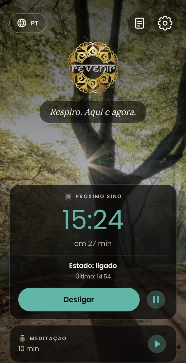 A tela principal com um tom escolhido à mão, no tema escuro: a hora do próximo aviso e os botões nessa mesma cor.