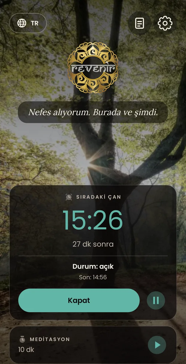 Ana ekran elle seçilmiş bir tonda, koyu temada: sıradaki hatırlatmanın saati ve düğmeler aynı renkte.