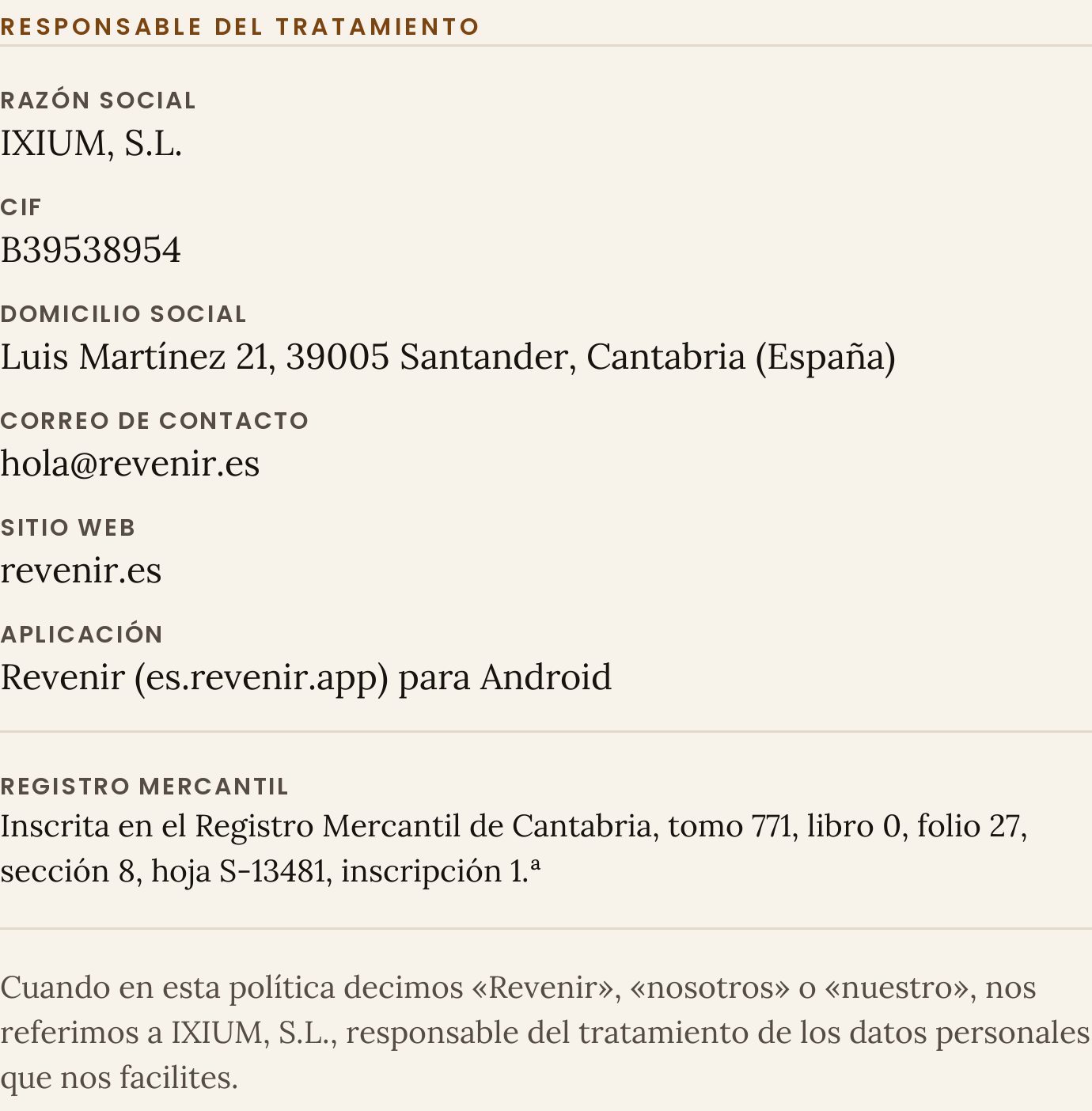 Ficha con los datos identificativos y de registro del responsable del tratamiento.